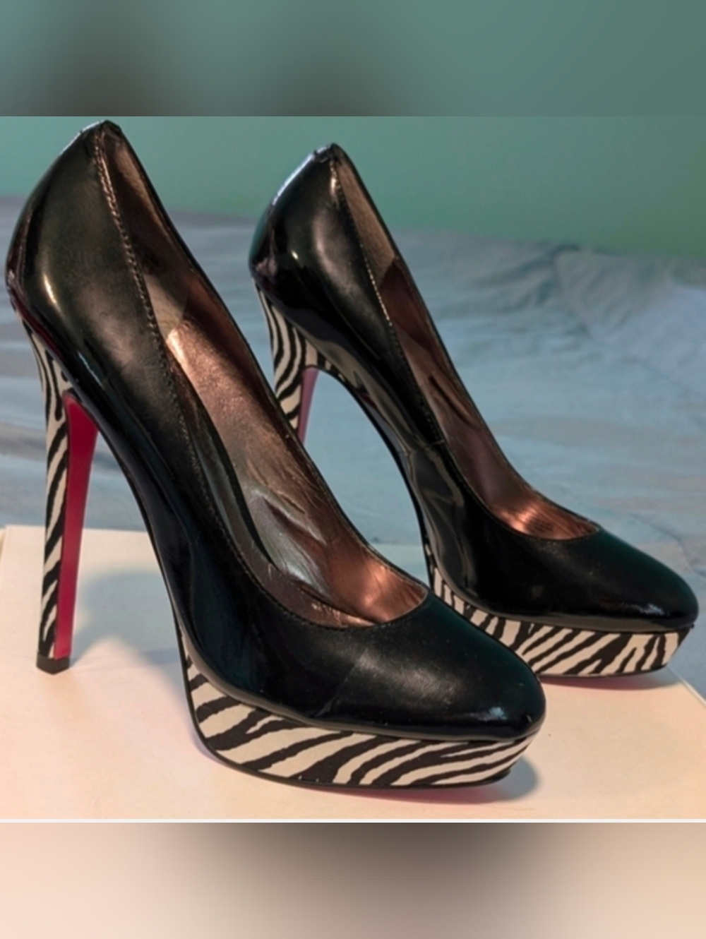 Paris Hilton Black and White Zebra Print Heels With Pink Bottoms